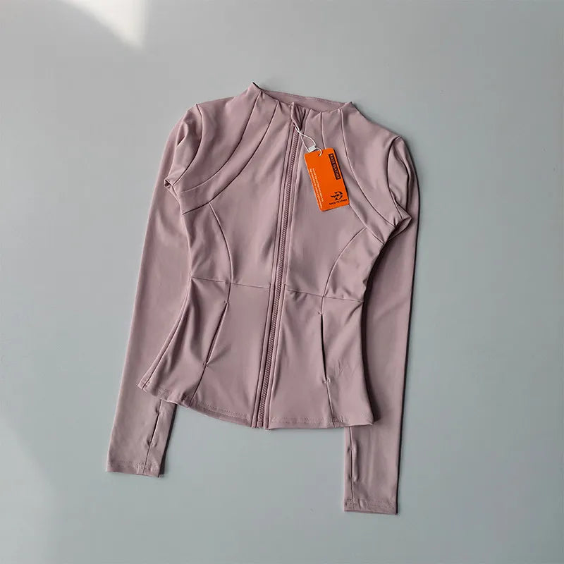 Veste de sport à manches longues pour femme, vêtements de yoga minces, cardigan zippé à séchage rapide, col montant, haut de course, fitness, extérieur