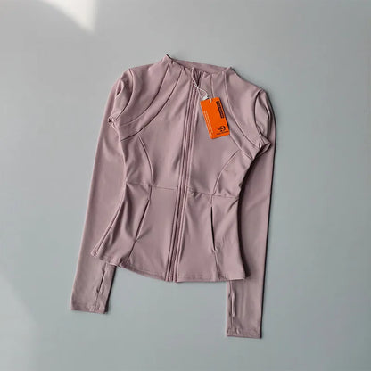 Veste de sport à manches longues pour femme, vêtements de yoga minces, cardigan zippé à séchage rapide, col montant, haut de course, fitness, extérieur