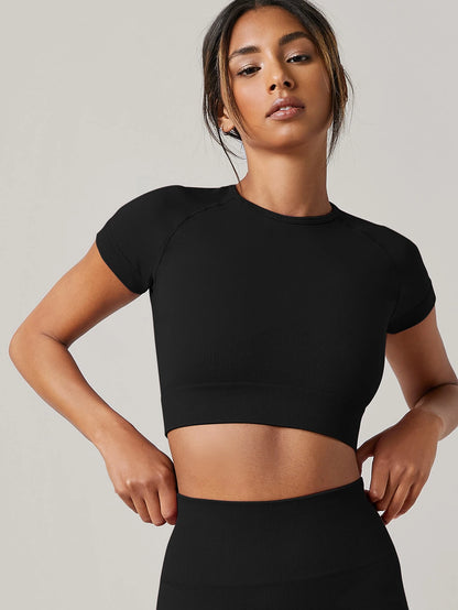 T-shirt de sport sans couture pour femme, haut de yoga, vêtements de fitness, chemise de gym, vêtements de course actifs, manches courtes