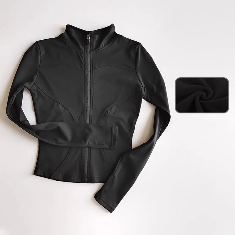 Veste de sport à manches longues pour femme, vêtements de yoga minces, cardigan zippé à séchage rapide, col montant, haut de course, fitness, extérieur