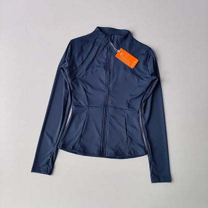 Veste de sport à manches longues pour femme, vêtements de yoga minces, cardigan zippé à séchage rapide, col montant, haut de course, fitness, extérieur