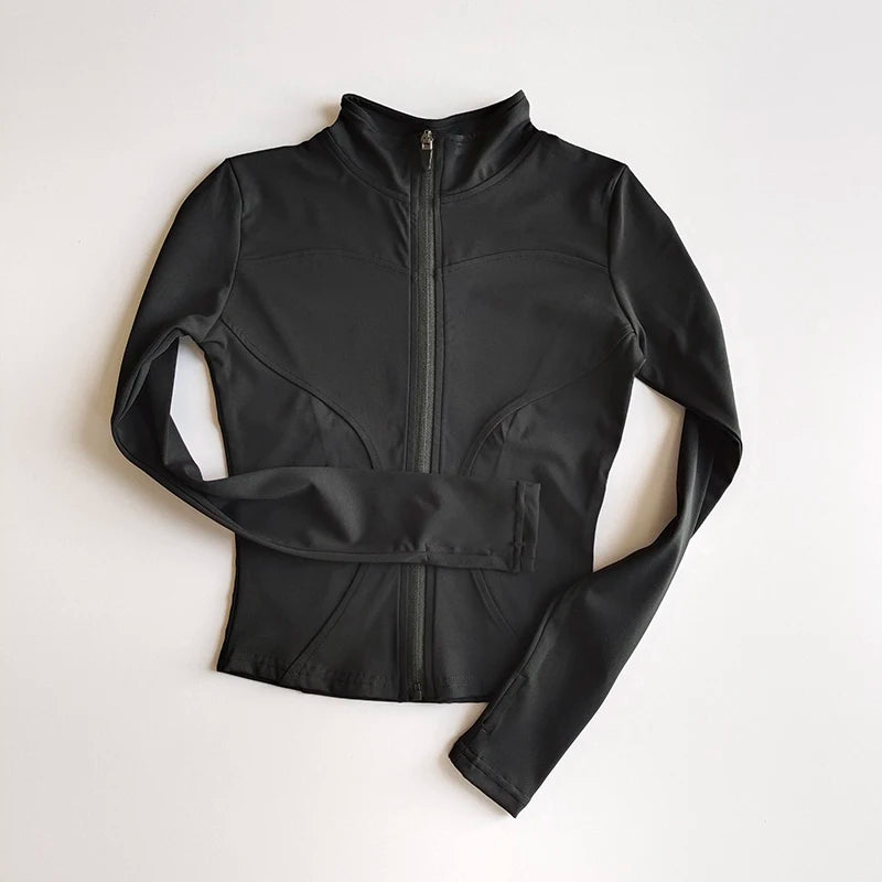 Veste de sport à manches longues pour femme, vêtements de yoga minces, cardigan zippé à séchage rapide, col montant, haut de course, fitness, extérieur