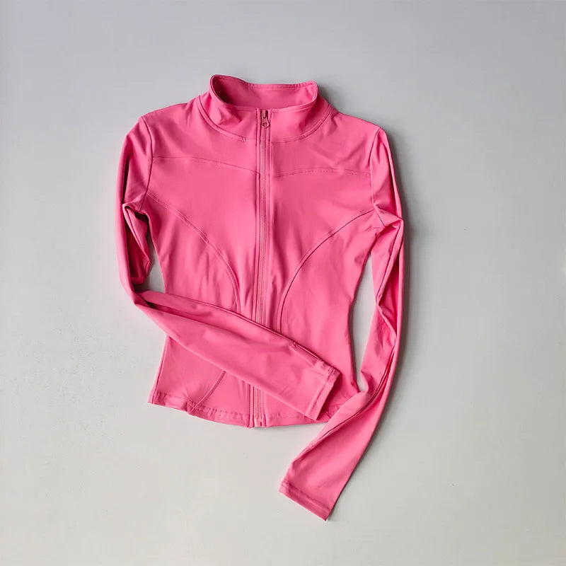 Veste de sport à manches longues pour femme, vêtements de yoga minces, cardigan zippé à séchage rapide, col montant, haut de course, fitness, extérieur