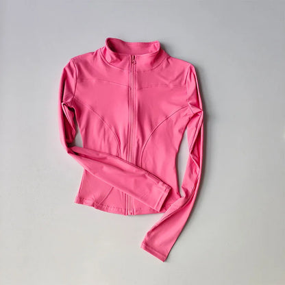 Veste de sport à manches longues pour femme, vêtements de yoga minces, cardigan zippé à séchage rapide, col montant, haut de course, fitness, extérieur