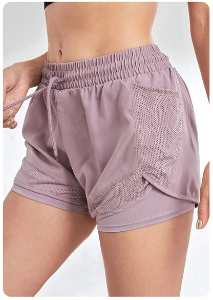 Short de sport élastique pour femmes, short avec poches, faux Leggings de Yoga deux pièces pour course et entraînement