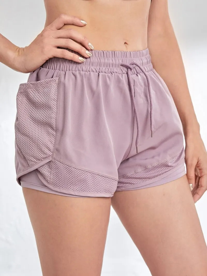 Short de sport élastique pour femmes, short avec poches, faux Leggings de Yoga deux pièces pour course et entraînement