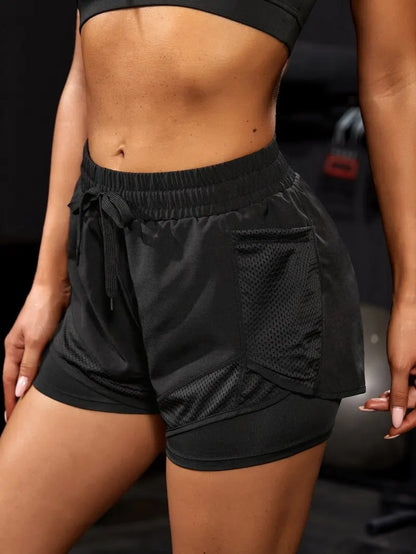 Short de sport élastique pour femmes, short avec poches, faux Leggings de Yoga deux pièces pour course et entraînement