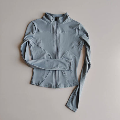 Veste de sport à manches longues pour femme, vêtements de yoga minces, cardigan zippé à séchage rapide, col montant, haut de course, fitness, extérieur