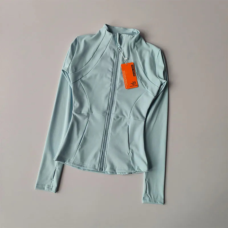 Veste de sport à manches longues pour femme, vêtements de yoga minces, cardigan zippé à séchage rapide, col montant, haut de course, fitness, extérieur