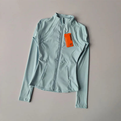 Veste de sport à manches longues pour femme, vêtements de yoga minces, cardigan zippé à séchage rapide, col montant, haut de course, fitness, extérieur