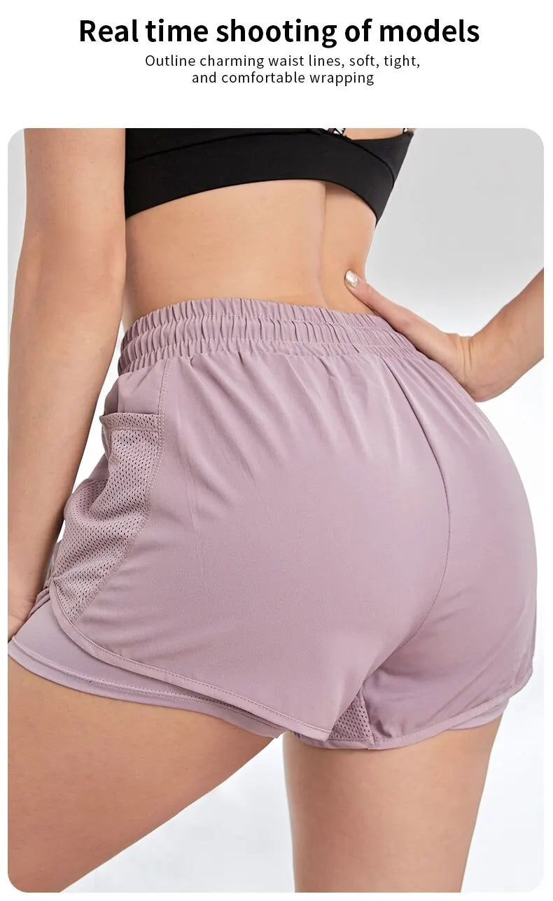 Short de sport élastique pour femmes, short avec poches, faux Leggings de Yoga deux pièces pour course et entraînement