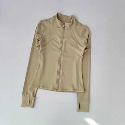Veste de sport à manches longues pour femme, vêtements de yoga minces, cardigan zippé à séchage rapide, col montant, haut de course, fitness, extérieur