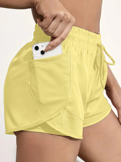 Short de sport élastique pour femmes, short avec poches, faux Leggings de Yoga deux pièces pour course et entraînement