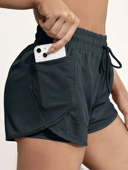 Short de sport élastique pour femmes, short avec poches, faux Leggings de Yoga deux pièces pour course et entraînement