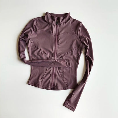 Veste de sport à manches longues pour femme, vêtements de yoga minces, cardigan zippé à séchage rapide, col montant, haut de course, fitness, extérieur