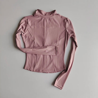 Veste de sport à manches longues pour femme, vêtements de yoga minces, cardigan zippé à séchage rapide, col montant, haut de course, fitness, extérieur