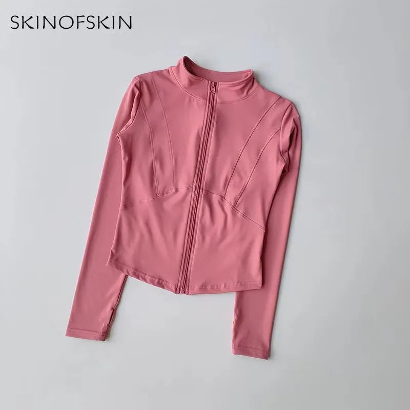 Veste de sport à manches longues pour femme, vêtements de yoga minces, cardigan zippé à séchage rapide, col montant, haut de course, fitness, extérieur