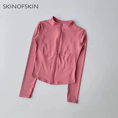 Veste de sport à manches longues pour femme, vêtements de yoga minces, cardigan zippé à séchage rapide, col montant, haut de course, fitness, extérieur