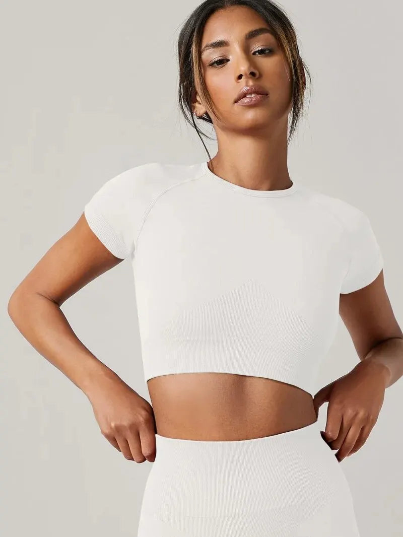 T-shirt de sport sans couture pour femme, haut de yoga, vêtements de fitness, chemise de gym, vêtements de course actifs, manches courtes