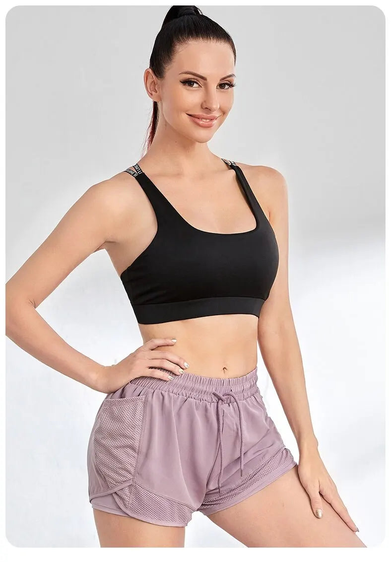 Short de sport élastique pour femmes, short avec poches, faux Leggings de Yoga deux pièces pour course et entraînement