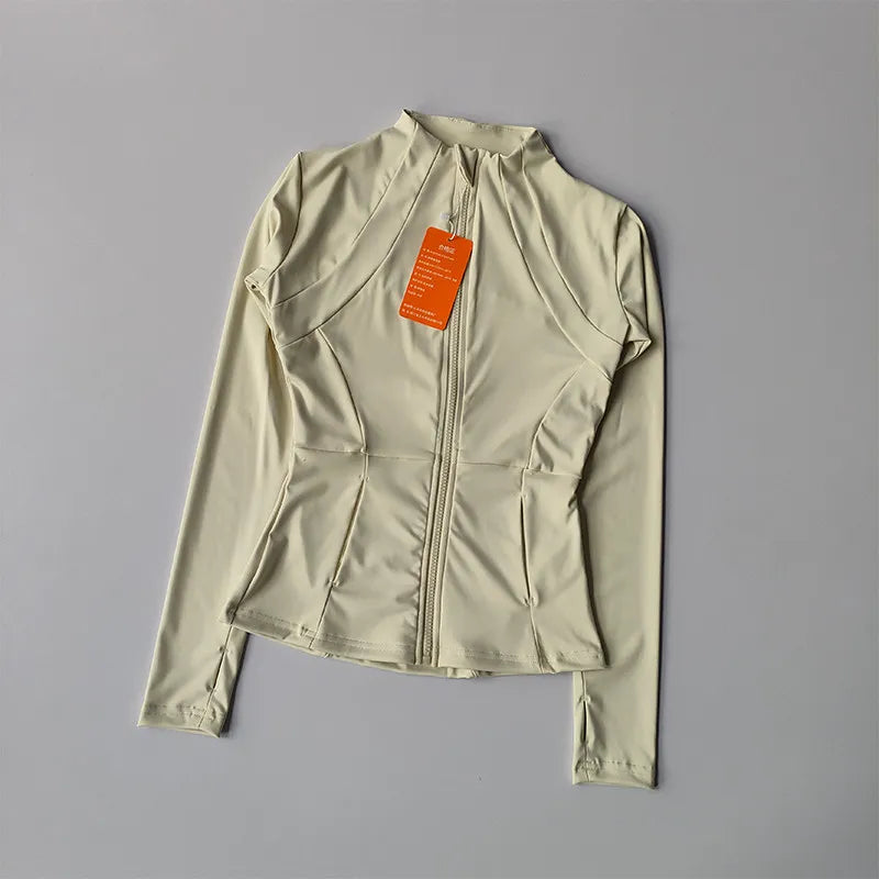 Veste de sport à manches longues pour femme, vêtements de yoga minces, cardigan zippé à séchage rapide, col montant, haut de course, fitness, extérieur