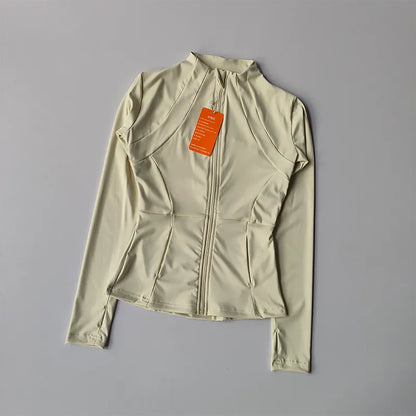 Veste de sport à manches longues pour femme, vêtements de yoga minces, cardigan zippé à séchage rapide, col montant, haut de course, fitness, extérieur