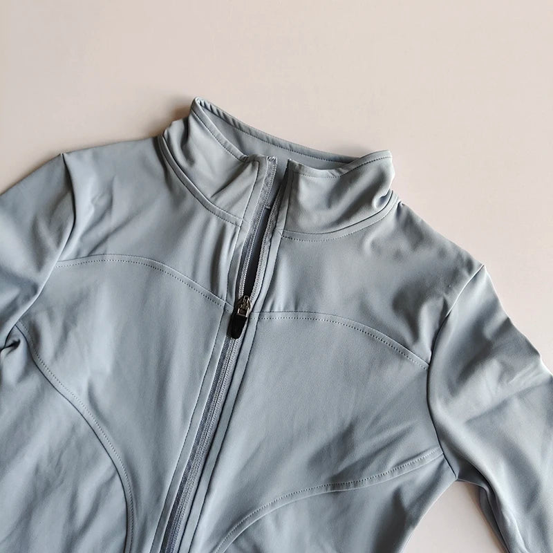 Veste de sport à manches longues pour femme, vêtements de yoga minces, cardigan zippé à séchage rapide, col montant, haut de course, fitness, extérieur