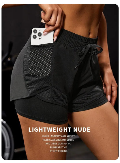 Short de sport élastique pour femmes, short avec poches, faux Leggings de Yoga deux pièces pour course et entraînement
