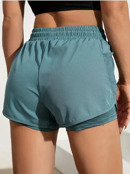 Short de sport élastique pour femmes, short avec poches, faux Leggings de Yoga deux pièces pour course et entraînement
