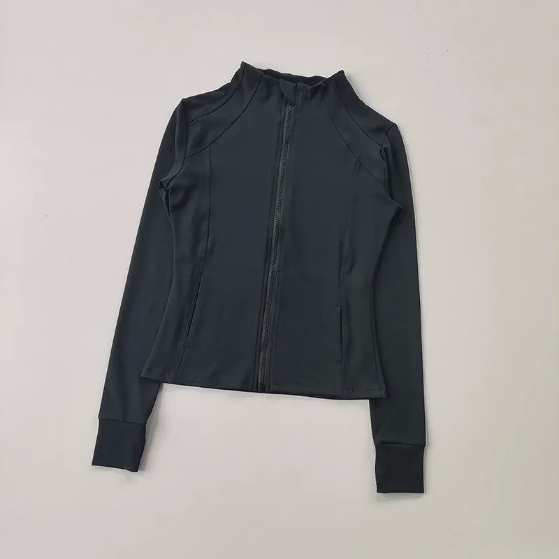 Veste de sport à manches longues pour femme, vêtements de yoga minces, cardigan zippé à séchage rapide, col montant, haut de course, fitness, extérieur