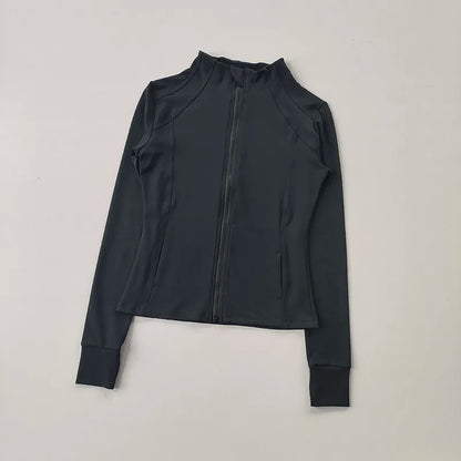 Veste de sport à manches longues pour femme, vêtements de yoga minces, cardigan zippé à séchage rapide, col montant, haut de course, fitness, extérieur