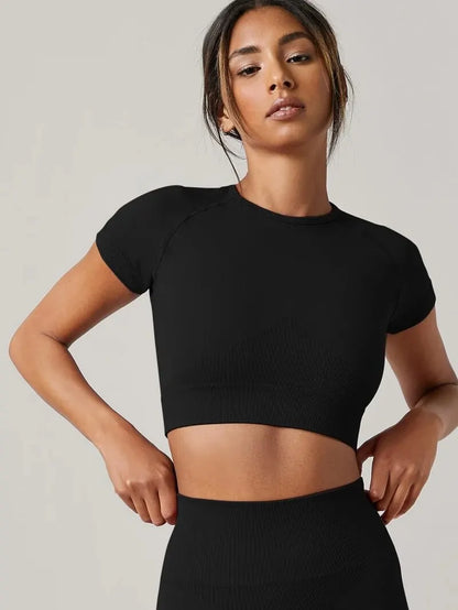 T-shirt de sport sans couture pour femme, haut de yoga, vêtements de fitness, chemise de gym, vêtements de course actifs, manches courtes