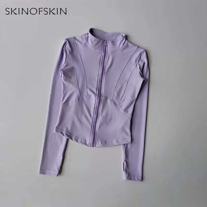 Veste de sport à manches longues pour femme, vêtements de yoga minces, cardigan zippé à séchage rapide, col montant, haut de course, fitness, extérieur