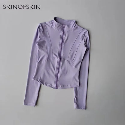 Veste de sport à manches longues pour femme, vêtements de yoga minces, cardigan zippé à séchage rapide, col montant, haut de course, fitness, extérieur