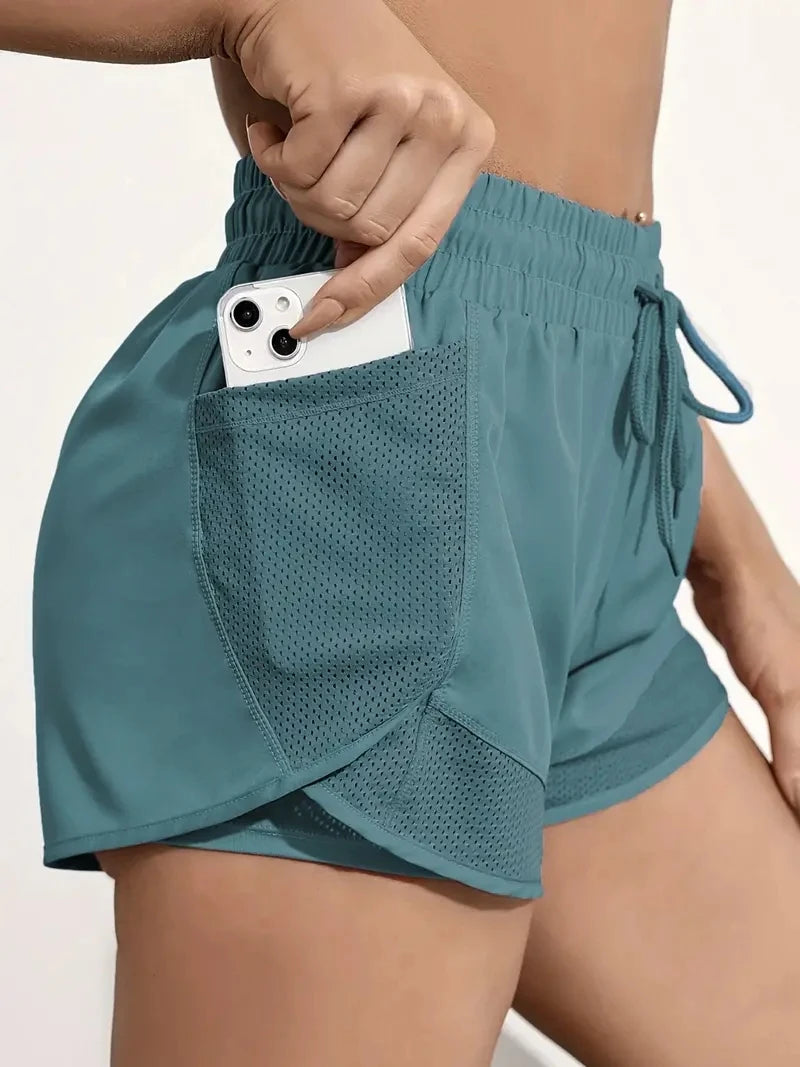 Short de sport élastique pour femmes, short avec poches, faux Leggings de Yoga deux pièces pour course et entraînement