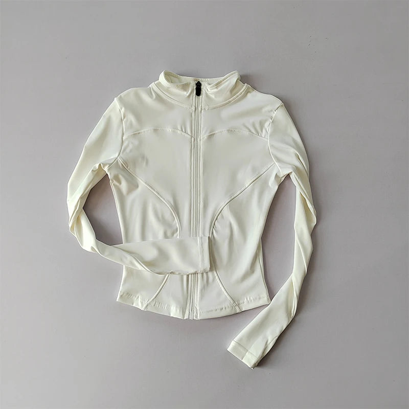 Veste de sport à manches longues pour femme, vêtements de yoga minces, cardigan zippé à séchage rapide, col montant, haut de course, fitness, extérieur