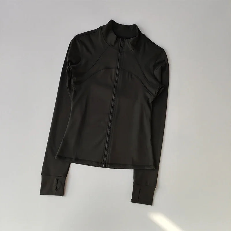 Veste de sport à manches longues pour femme, vêtements de yoga minces, cardigan zippé à séchage rapide, col montant, haut de course, fitness, extérieur