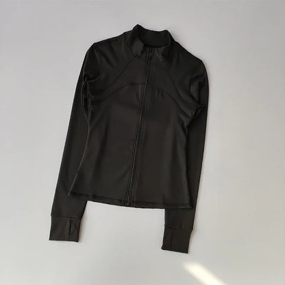 Veste de sport à manches longues pour femme, vêtements de yoga minces, cardigan zippé à séchage rapide, col montant, haut de course, fitness, extérieur