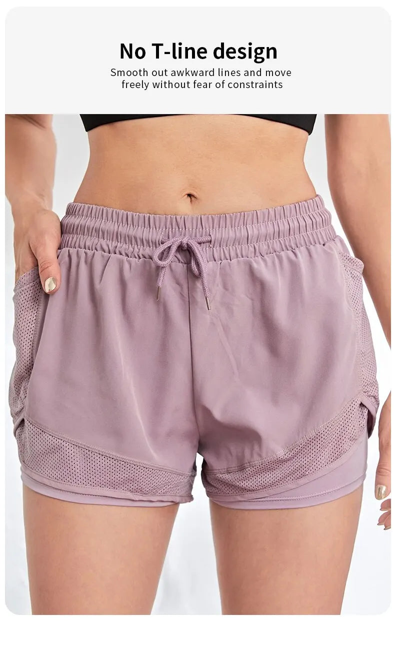 Short de sport élastique pour femmes, short avec poches, faux Leggings de Yoga deux pièces pour course et entraînement