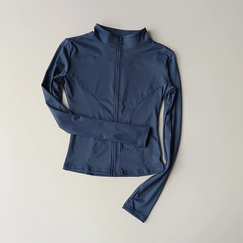 Veste de sport à manches longues pour femme, vêtements de yoga minces, cardigan zippé à séchage rapide, col montant, haut de course, fitness, extérieur