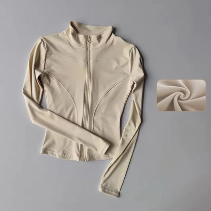 Veste de sport à manches longues pour femme, vêtements de yoga minces, cardigan zippé à séchage rapide, col montant, haut de course, fitness, extérieur