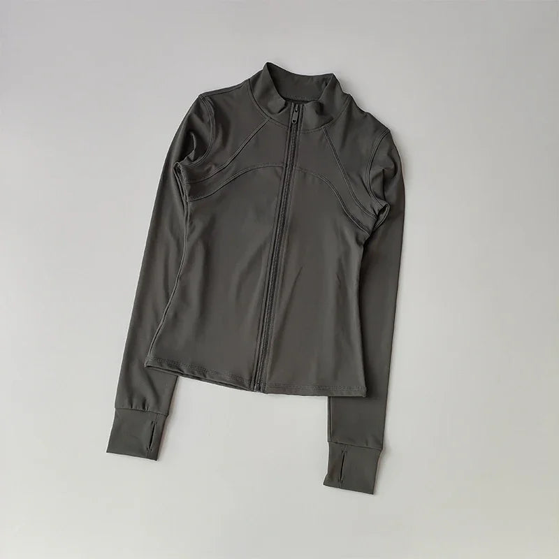 Veste de sport à manches longues pour femme, vêtements de yoga minces, cardigan zippé à séchage rapide, col montant, haut de course, fitness, extérieur