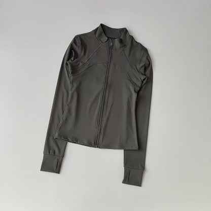 Veste de sport à manches longues pour femme, vêtements de yoga minces, cardigan zippé à séchage rapide, col montant, haut de course, fitness, extérieur