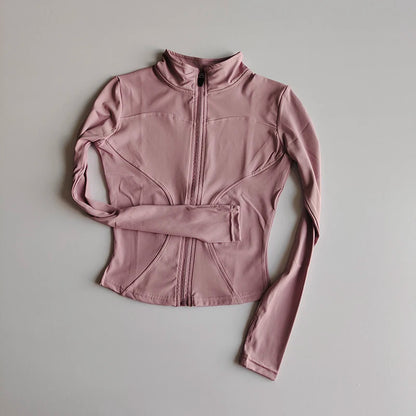 Veste de sport à manches longues pour femme, vêtements de yoga minces, cardigan zippé à séchage rapide, col montant, haut de course, fitness, extérieur