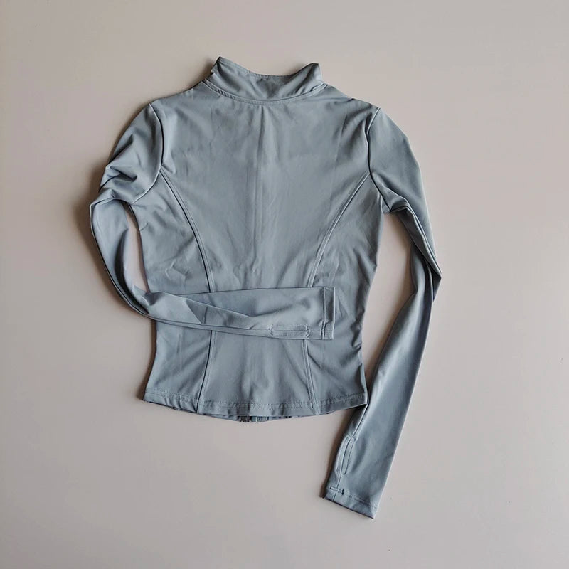 Veste de sport à manches longues pour femme, vêtements de yoga minces, cardigan zippé à séchage rapide, col montant, haut de course, fitness, extérieur