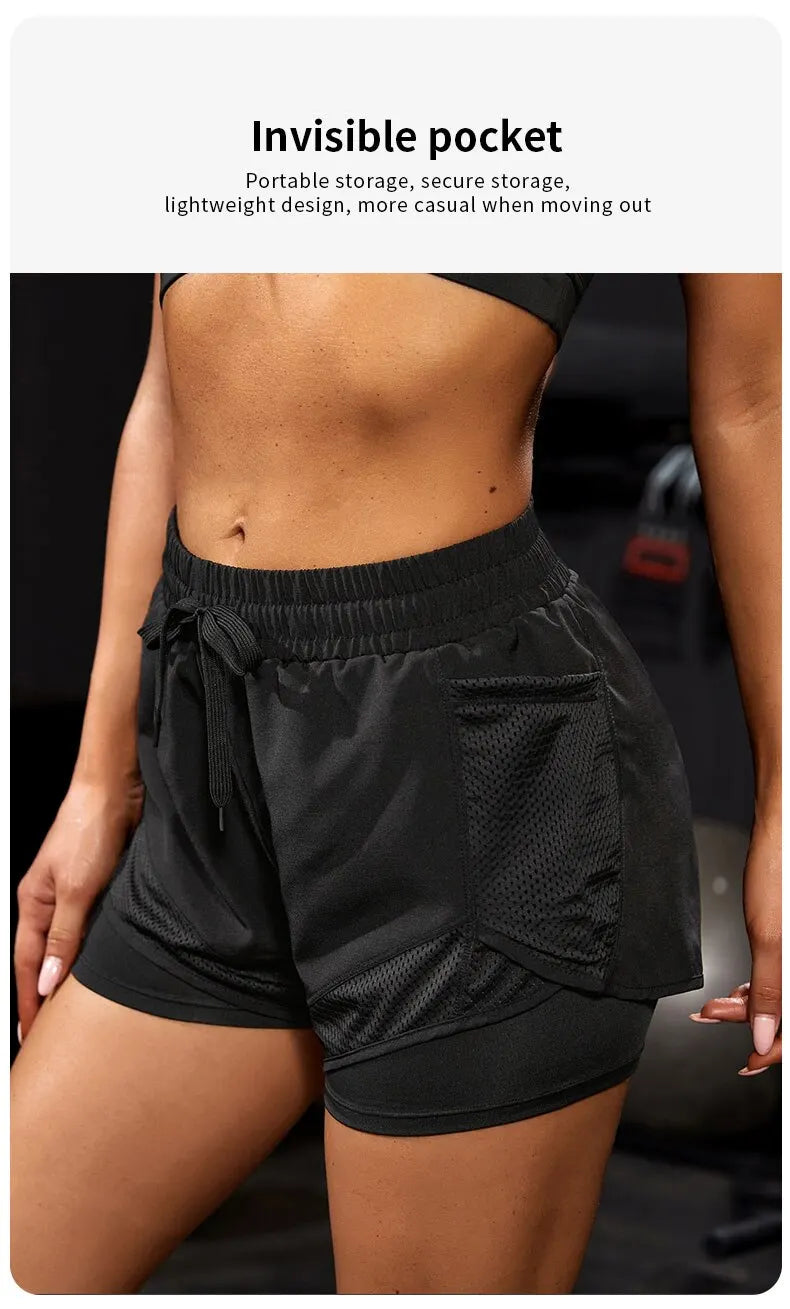 Short de sport élastique pour femmes, short avec poches, faux Leggings de Yoga deux pièces pour course et entraînement
