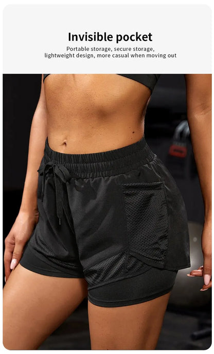 Short de sport élastique pour femmes, short avec poches, faux Leggings de Yoga deux pièces pour course et entraînement