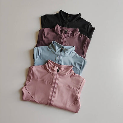 Veste de sport à manches longues pour femme, vêtements de yoga minces, cardigan zippé à séchage rapide, col montant, haut de course, fitness, extérieur