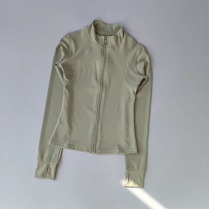 Veste de sport à manches longues pour femme, vêtements de yoga minces, cardigan zippé à séchage rapide, col montant, haut de course, fitness, extérieur
