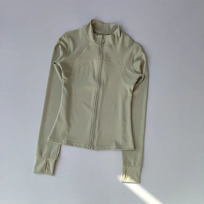 Veste de sport à manches longues pour femme, vêtements de yoga minces, cardigan zippé à séchage rapide, col montant, haut de course, fitness, extérieur
